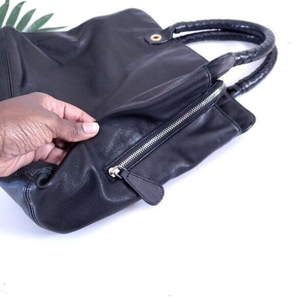 Elie Tahari Black Leather Shoulder Bag Braided Handle - Picture 7 of 11